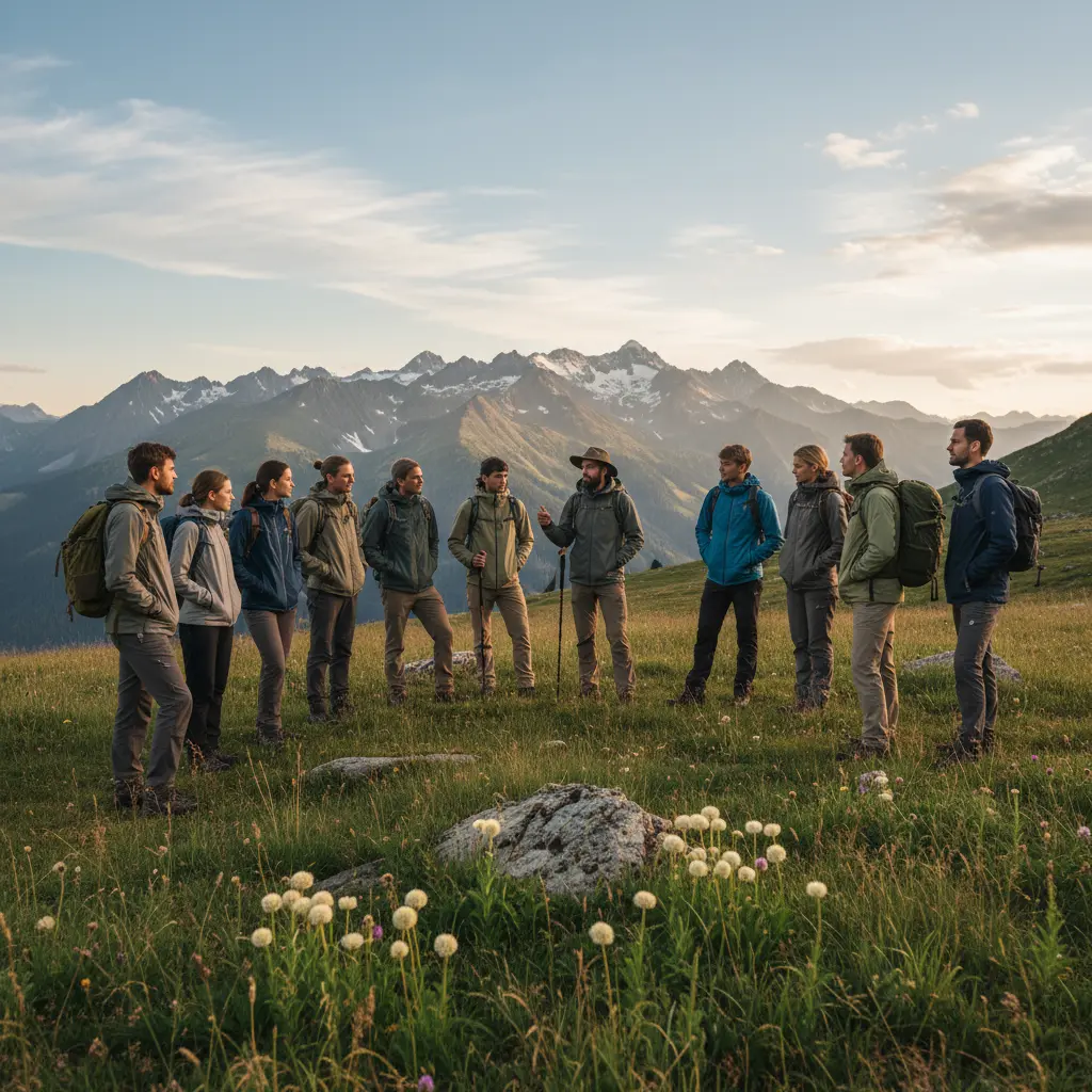 Unternehmensgruppe hört einem Bergführer auf einer Bergwiese in den Alpen zu