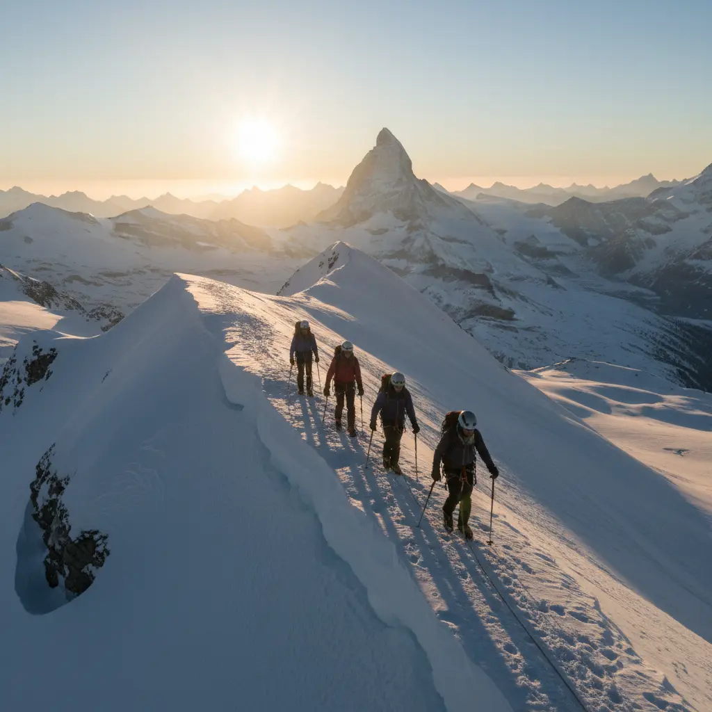 Geführte Seilschaft auf einem verschneiten Alpenkamm bei Sonnenaufgang